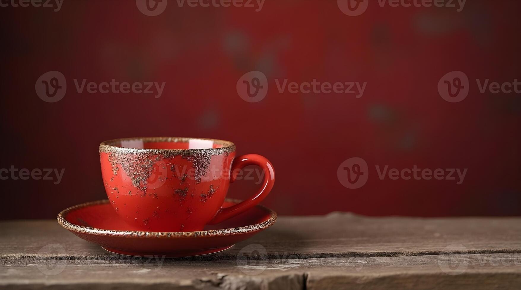 A rustic red teacup and saucer with a speckled, worn texture, set against a deep red background, conveying a vintage and artisanal feel. photo