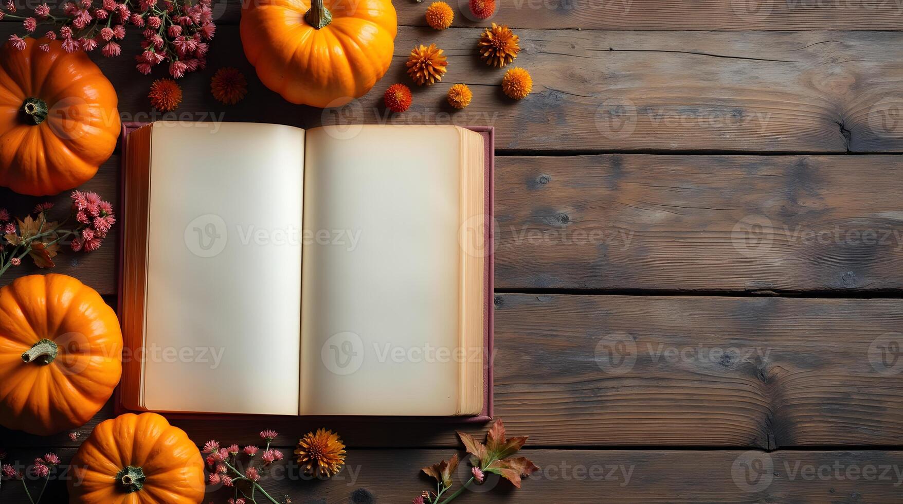 one open, aged book lies amidst pumpkins, leaves, and flowers on a rustic wooden table photo