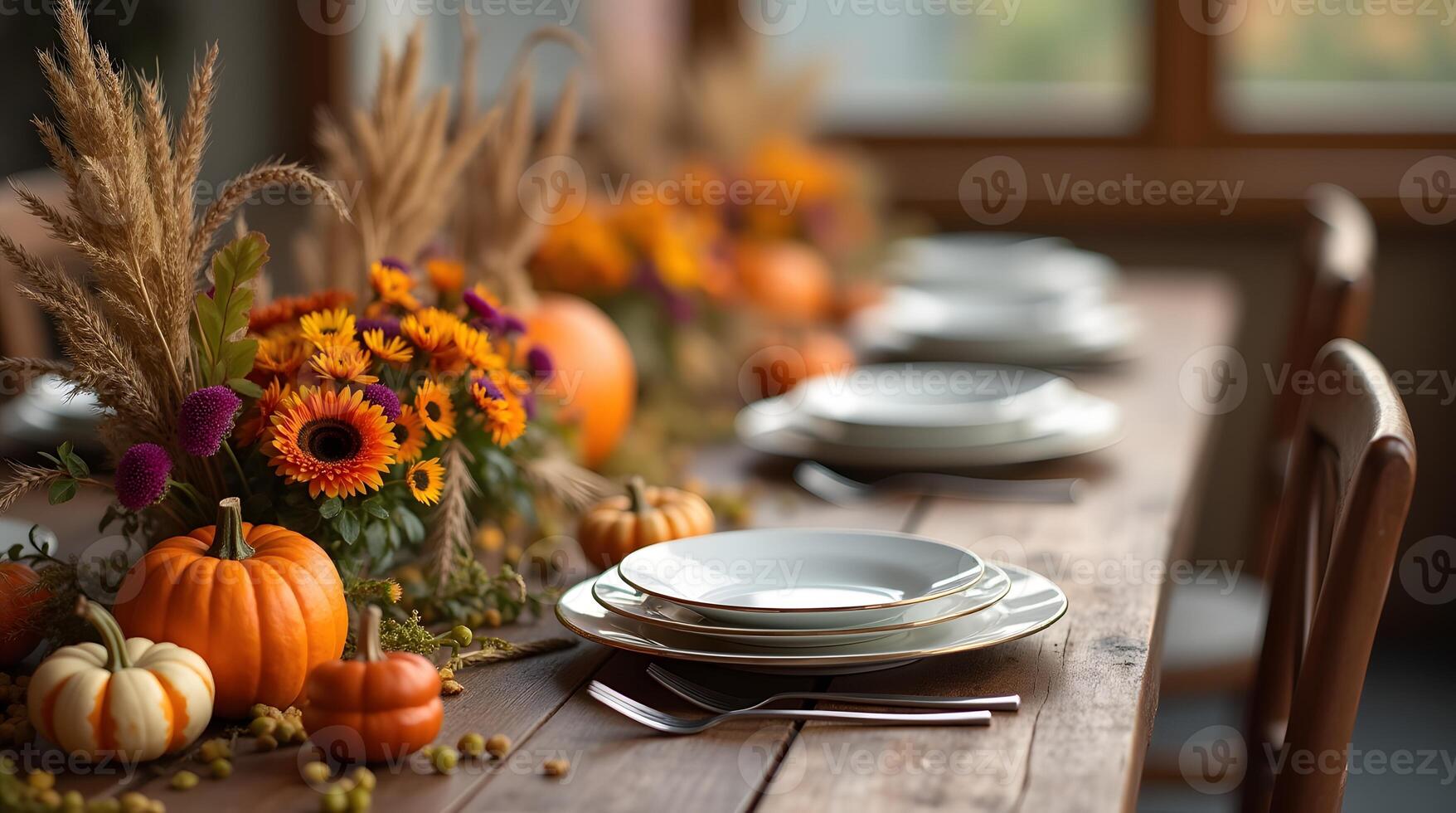 rustic table set with pumpkins, grass, and plates, ready for a warm photo