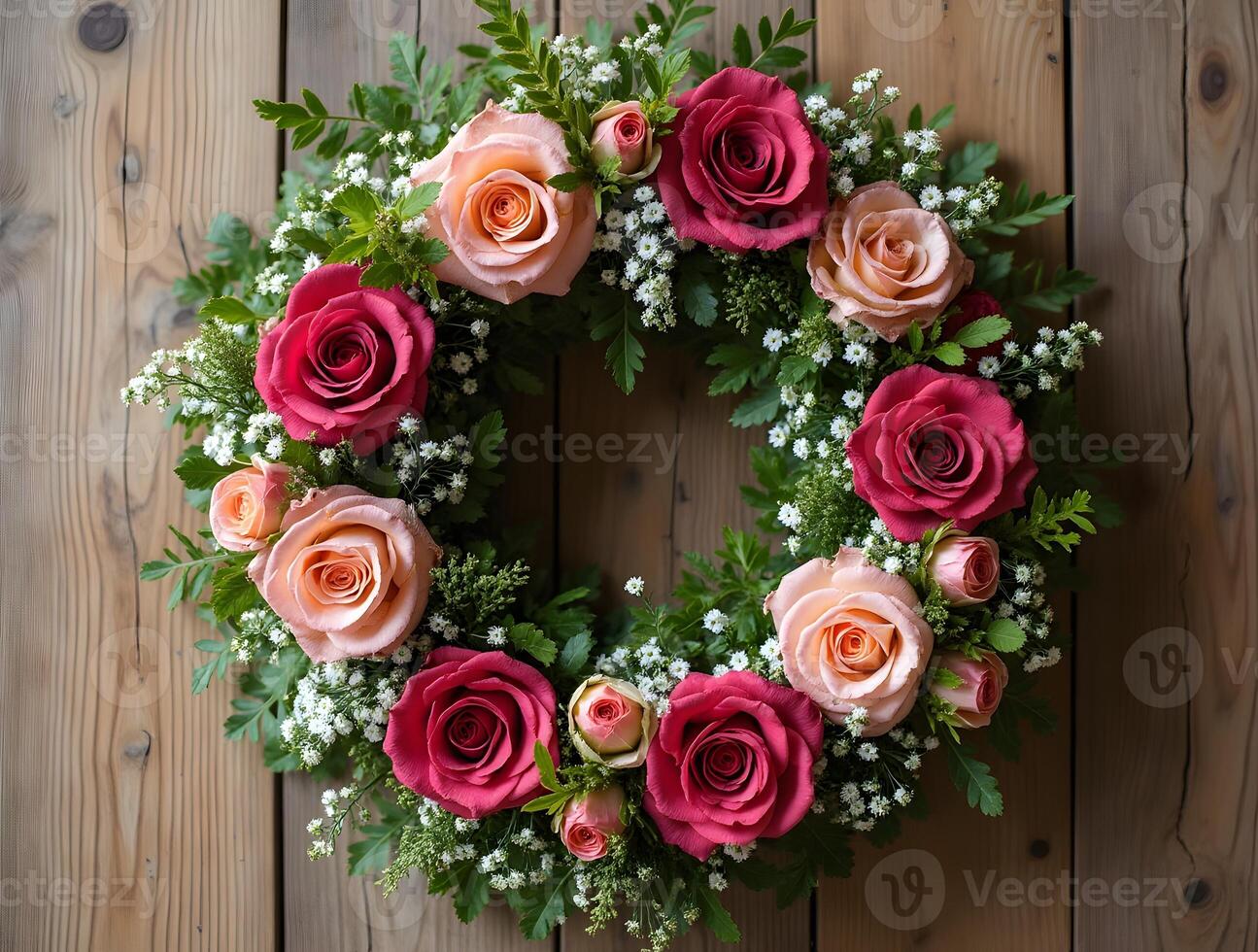 wreath of pink roses, greenery, and small white flowers hangs against a rustic wooden backdrop photo