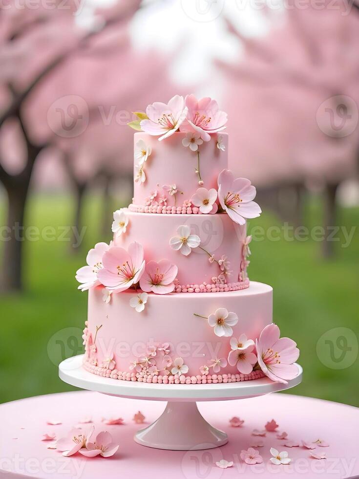 A three-tiered pink wedding cake, adorned with delicate pink cherry blossoms photo