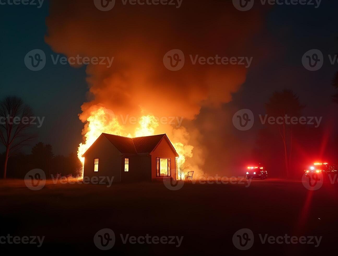 A house is engulfed in intense flames under a dark night sky, with smoke billowing upwards and a few trees silhouetted photo