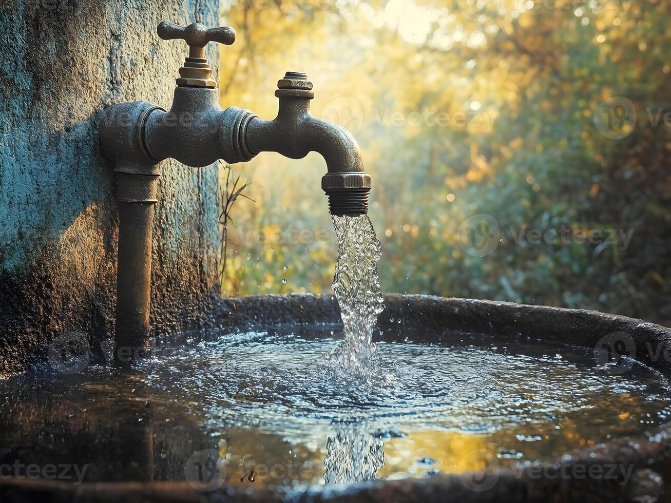 faucet mounted on a mossy stone structure pours fresh water into a basin, with a blurred, sun-dappled natural background photo