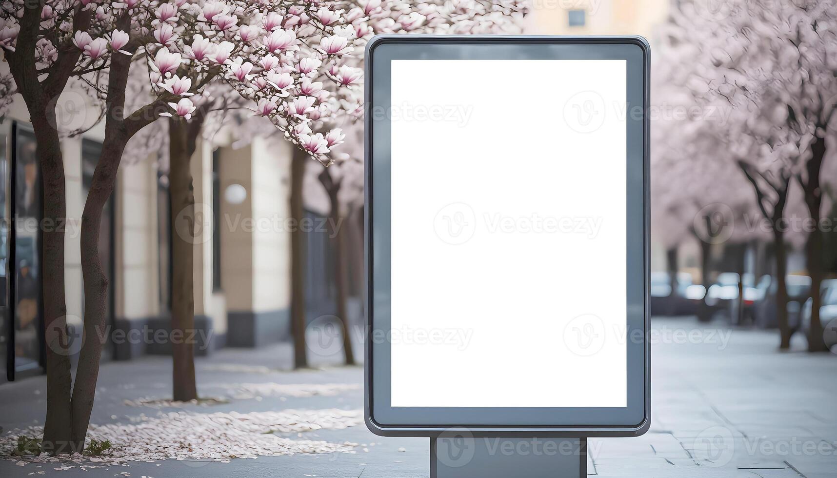 A blank advertising billboard stands on a city sidewalk, framed by blossoming pink magnolia trees in soft focus photo