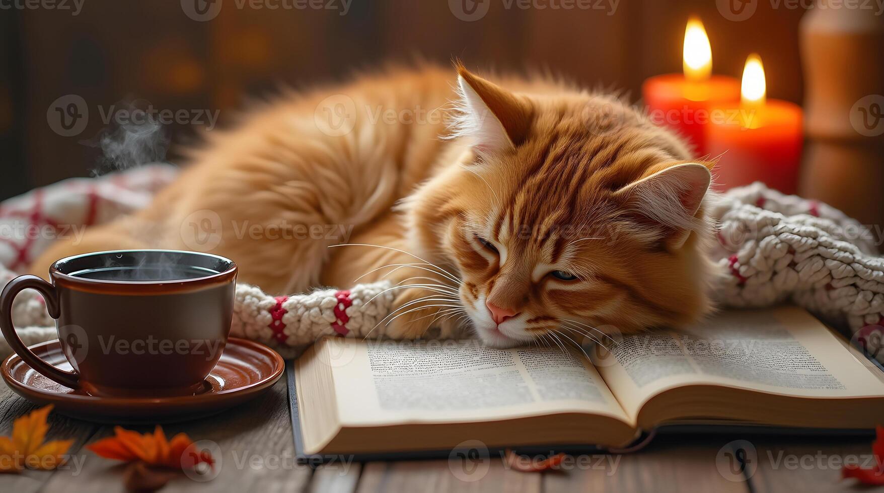 A ginger cat nap peacefully atop an open book, amidst steaming coffee, a candle, and autumn leaves photo