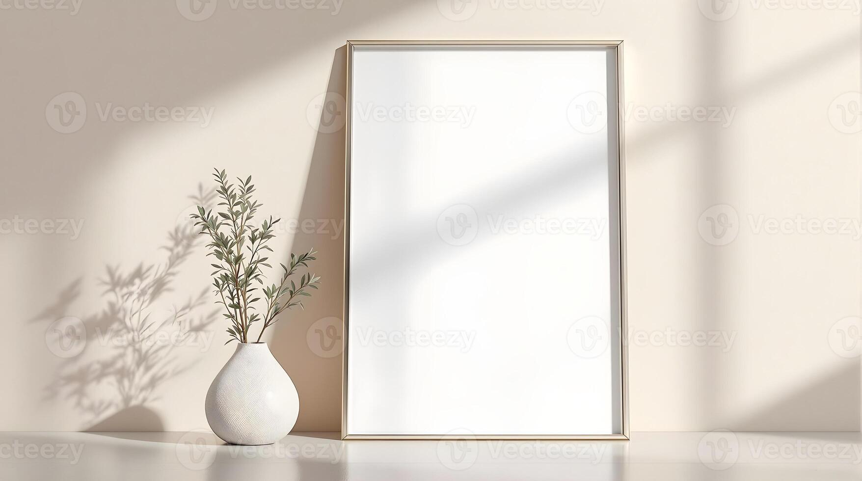 A vertical, white frame with a thin gold border sits against a neutral beige wall, bathed in soft sunlight, with a vase of greenery adding a touch of nature photo