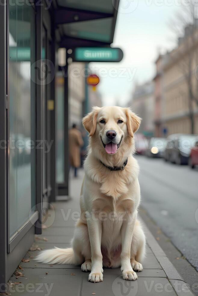 A golden Labrador Retriever sits attentively at a bus stop on a city sidewalk, with a bus in the background photo