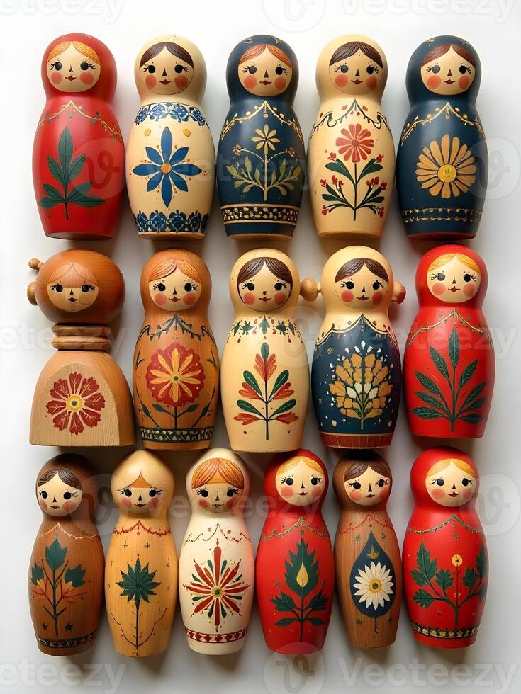 colorfutraditionally painted matryoshka dolls are arranged on a light surface, some accompanied by small decorative natural elements photo
