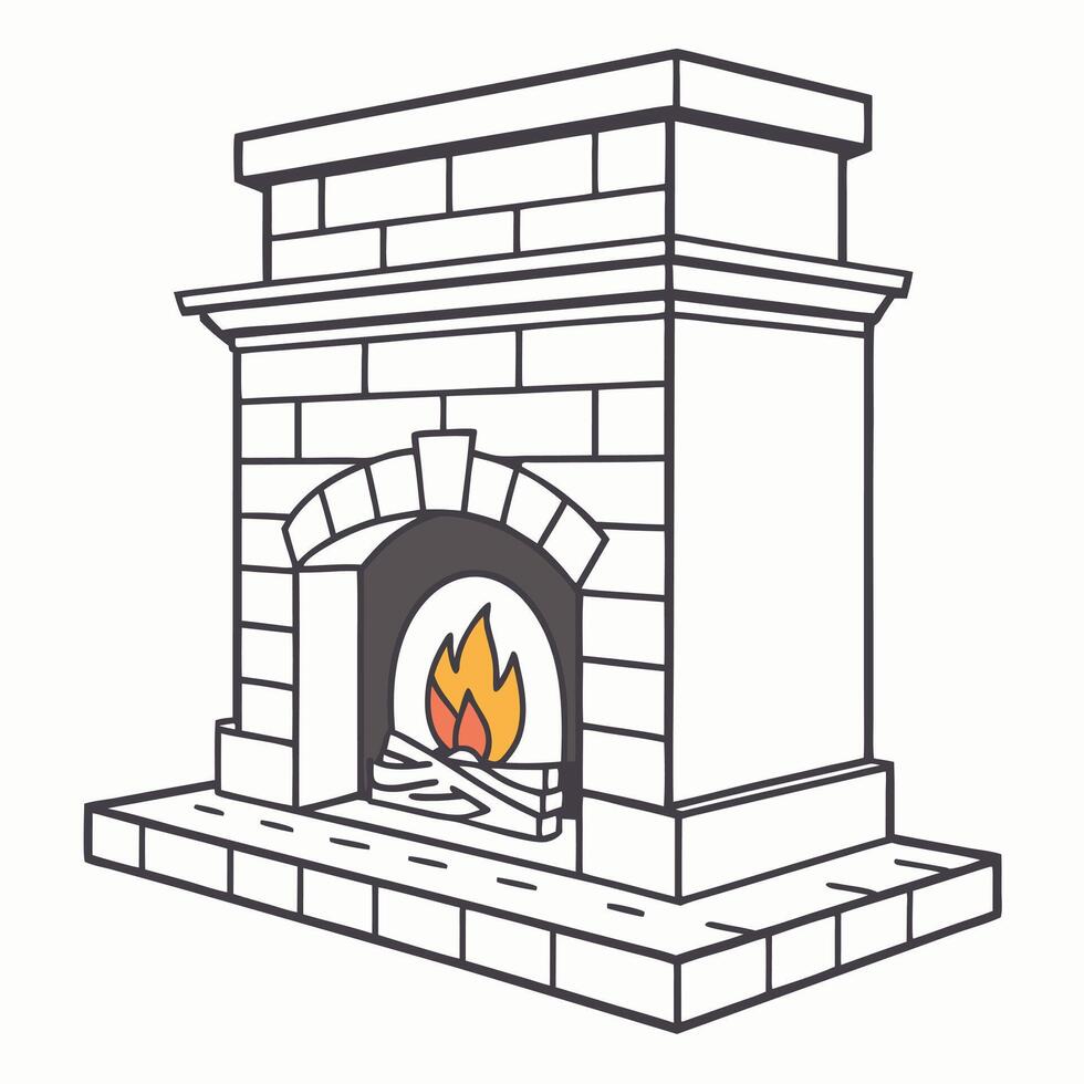 Brick Fireplace With Burning Wood Outline Style vector