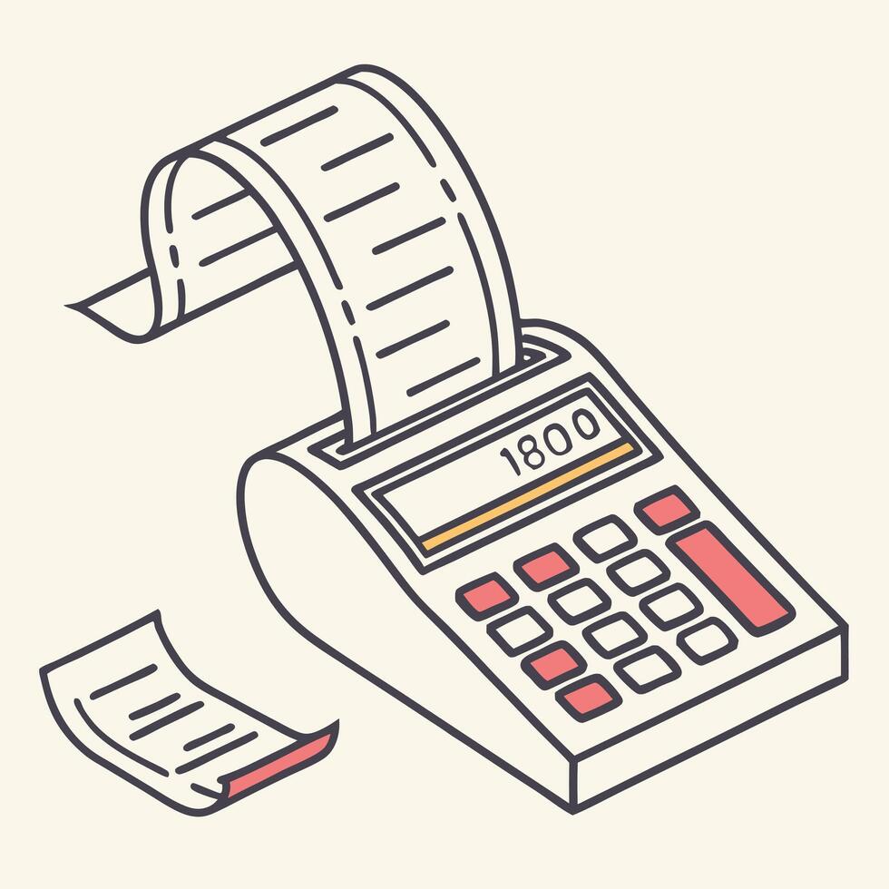 Isometric Cash Register With Receipt Outline Style vector