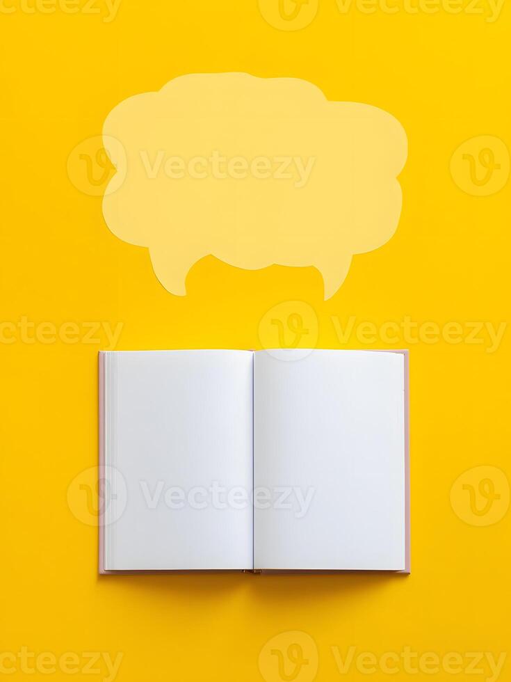 An open, blank book lies flat against vibrant yellow background, with a yellow speech bubble floating above photo