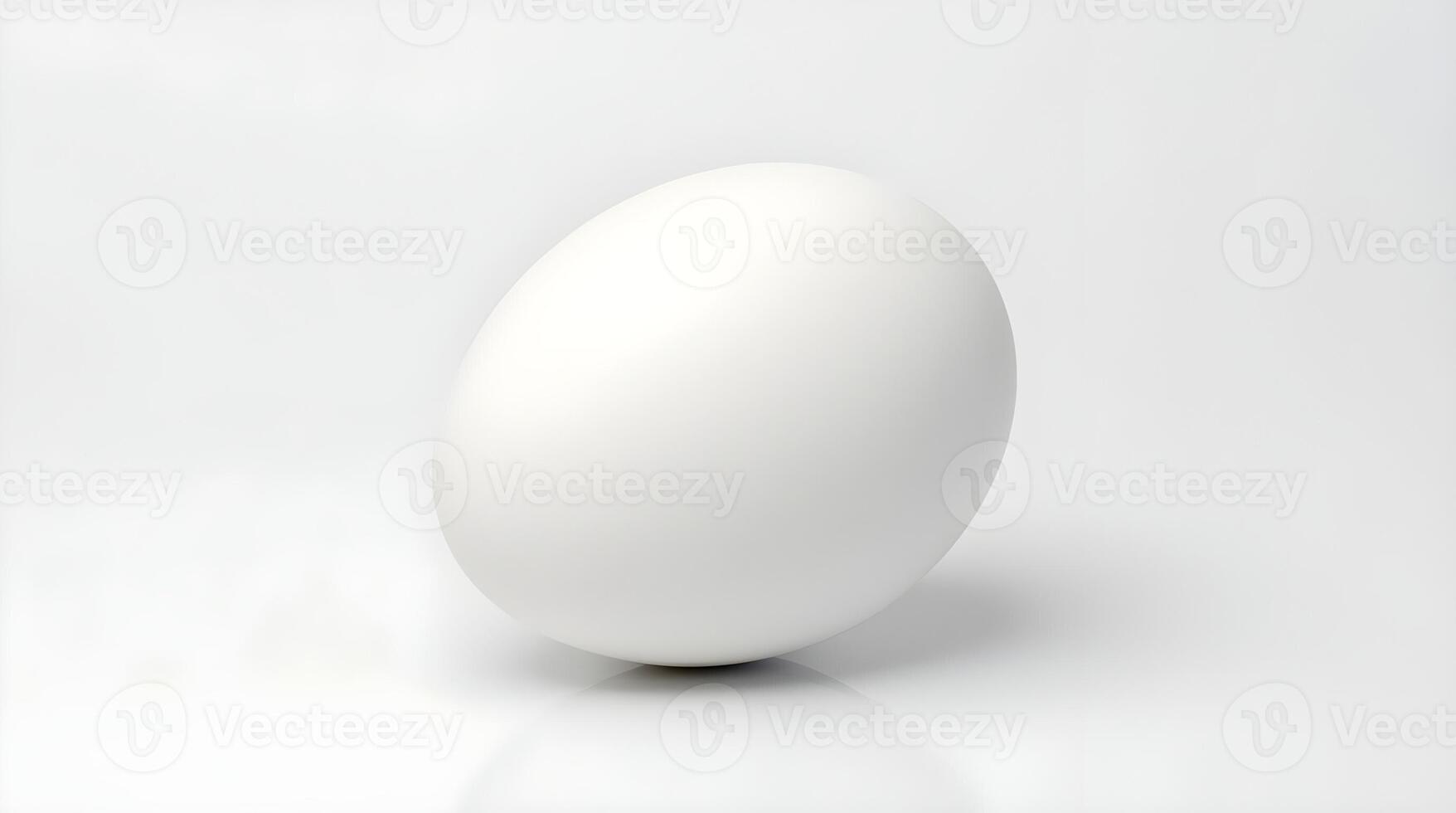 A single white egg standing on a white surface, casting a soft shadow, highlighting simplicity and purity. photo