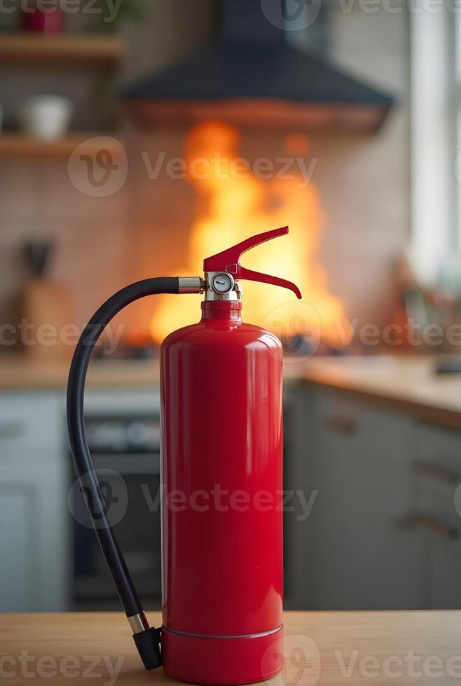 a Single red fire extinguisher stands prominently in the foreground, sharply focused, while flames erupt from a stove photo