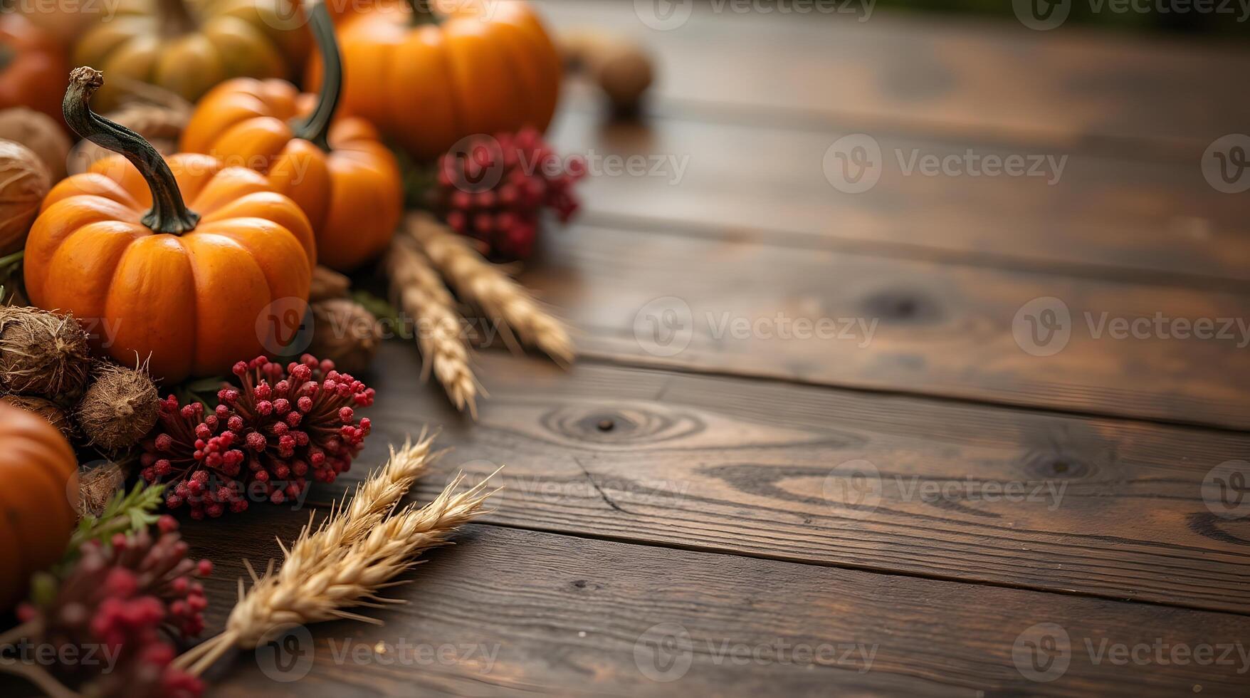 Pumpkins and florals cascade across a rustic wooden tabletop, capturing the warm photo