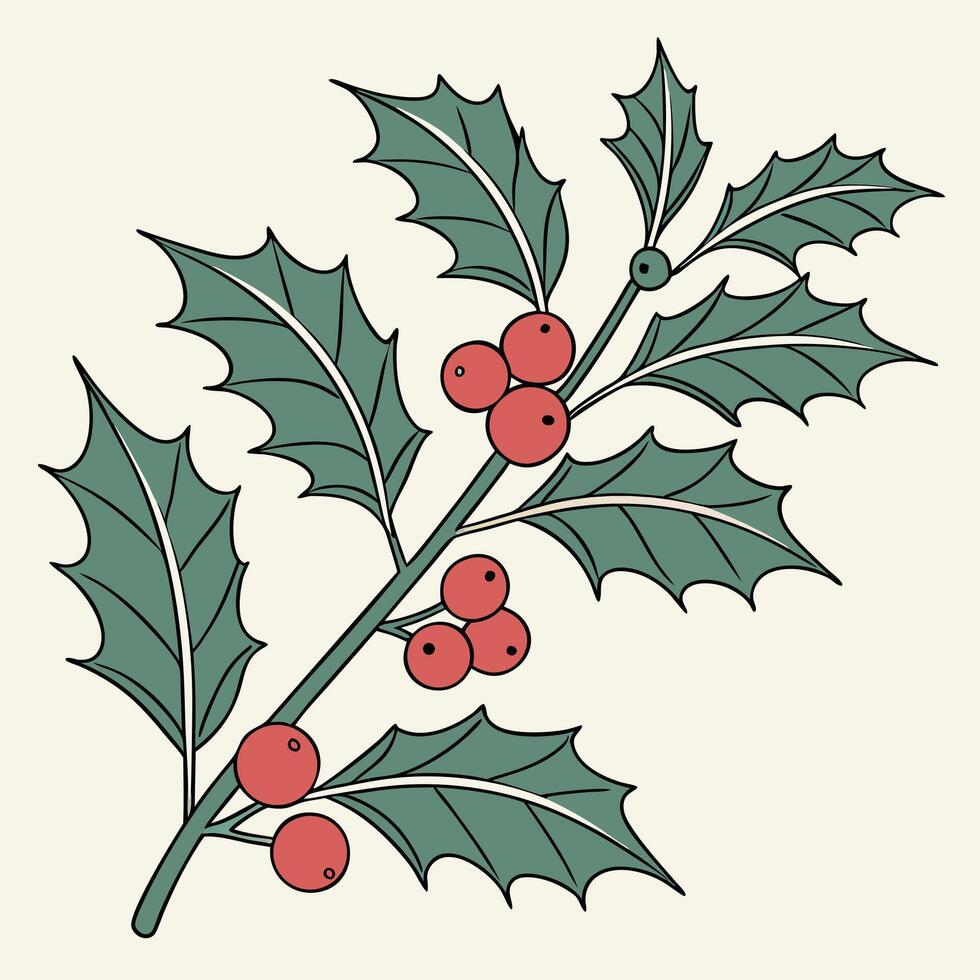 Illustrated Holly Branch With Berries Design vector