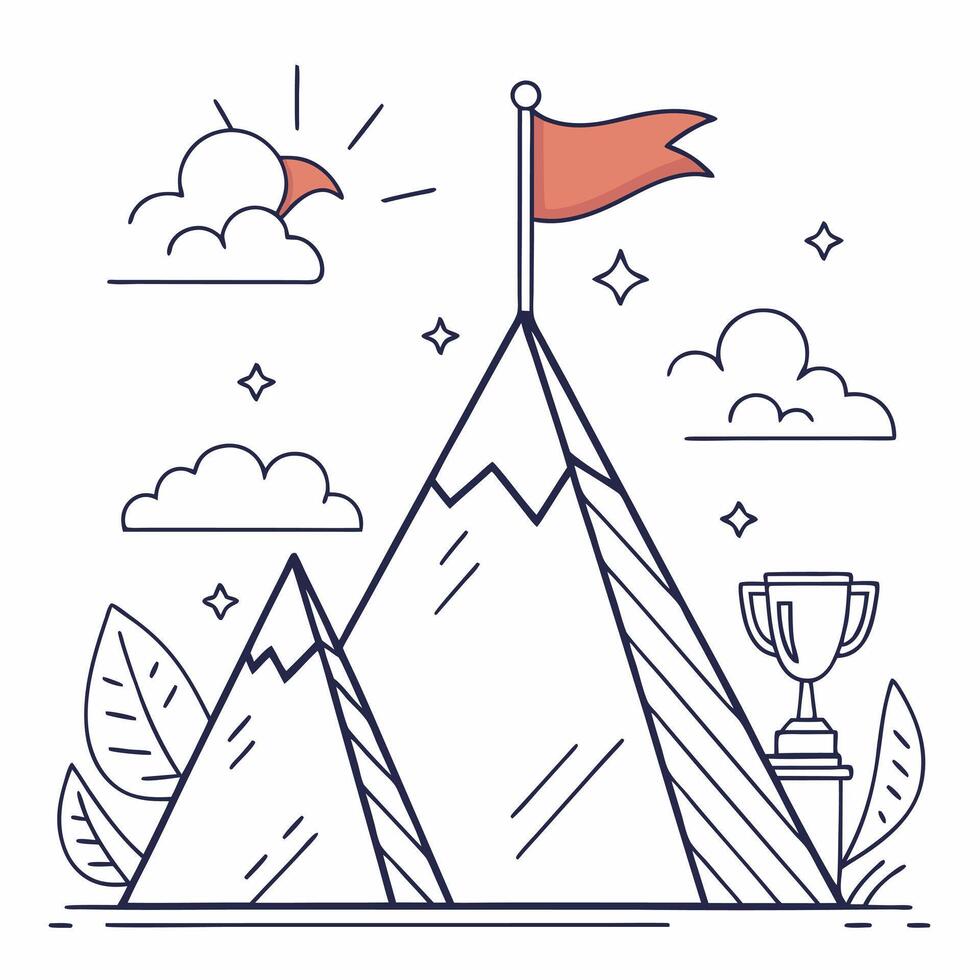 Mountain Peak With Flag And Trophy Line Art vector