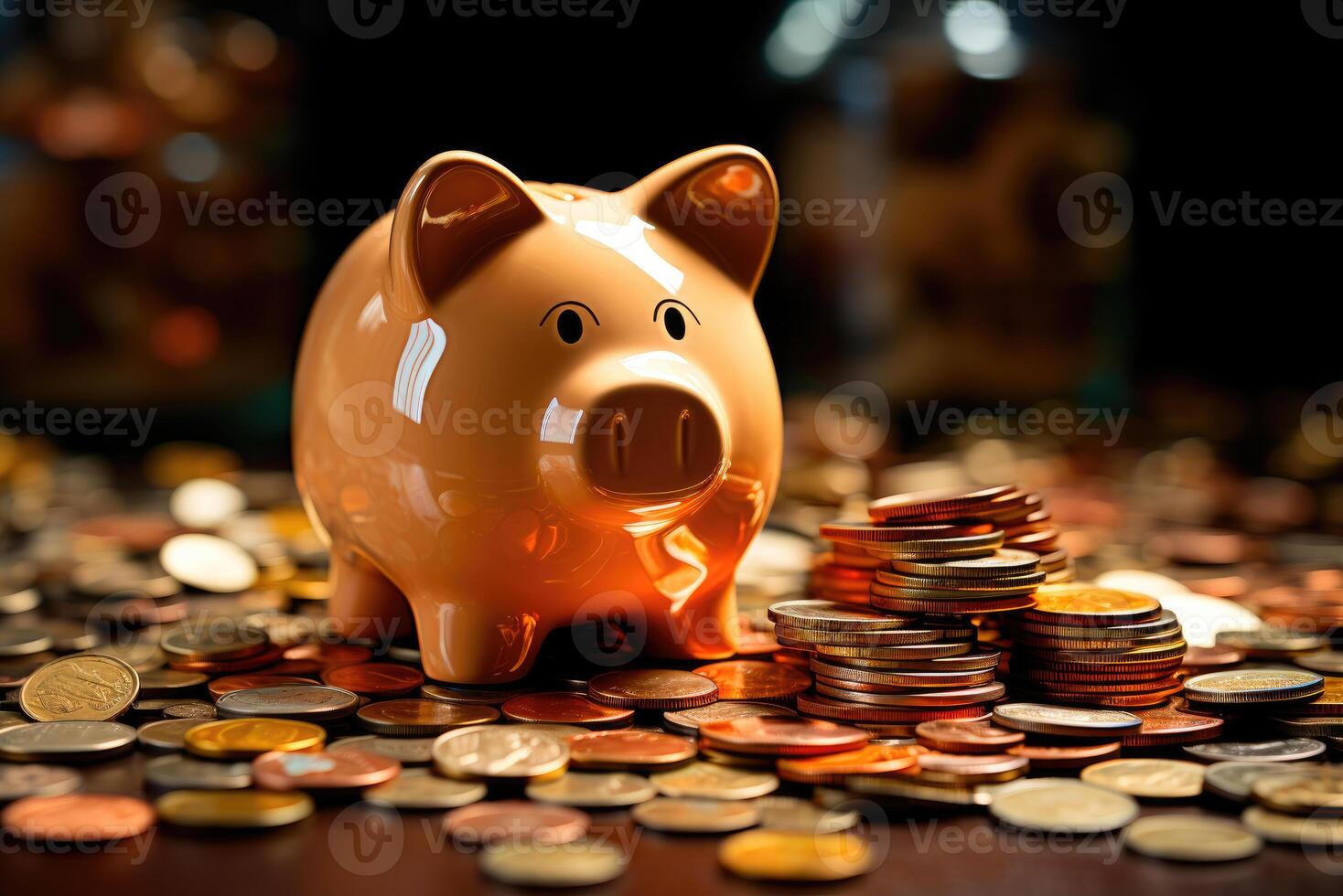 Piggy bank on a pile of bronze and silver colored coins. Save money, financial planning photo