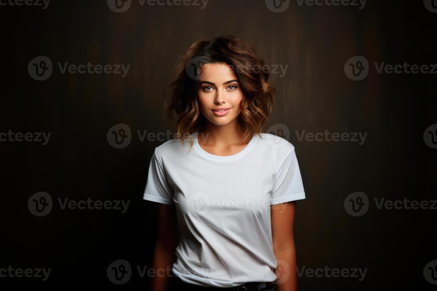 Young woman in a mock-up of a white T-shirt on a brown background. Designer template, printed presentation layout. photo