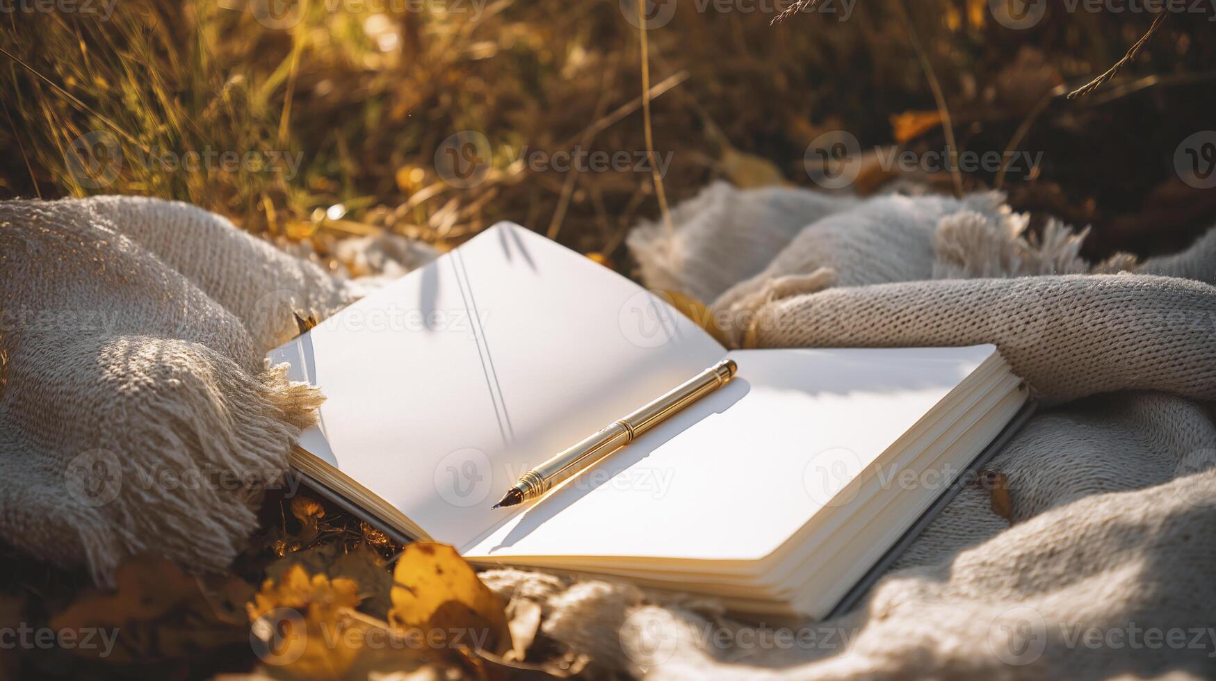 serene scene featuring open notebook with blank pages resting on cozy blanket surrounded by autumn leaves, inviting creativity and reflection photo