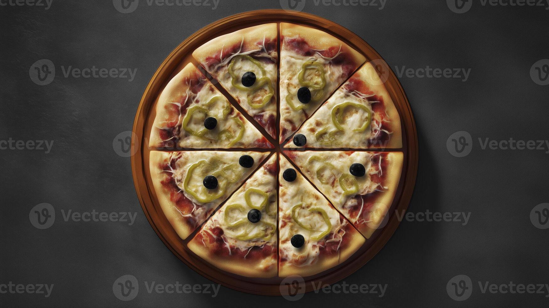 Delicious pizza topped with green peppers and black olives, sliced into eight pieces, served on wooden platter photo