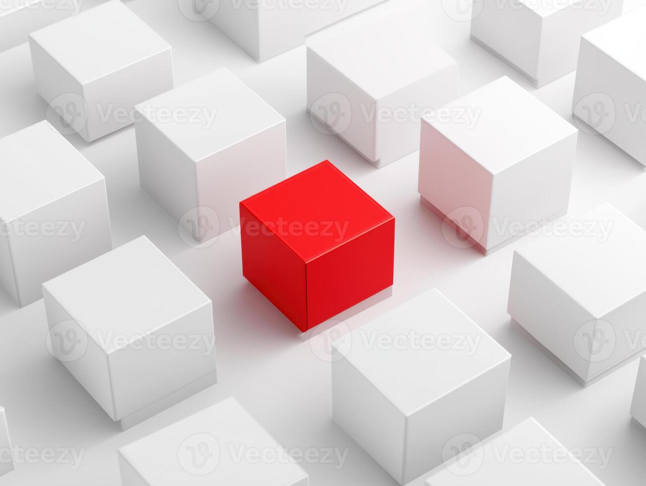 red cube stands out among many white cubes, creating feeling of prominence and focus against clean backdrop of geometric forms photo