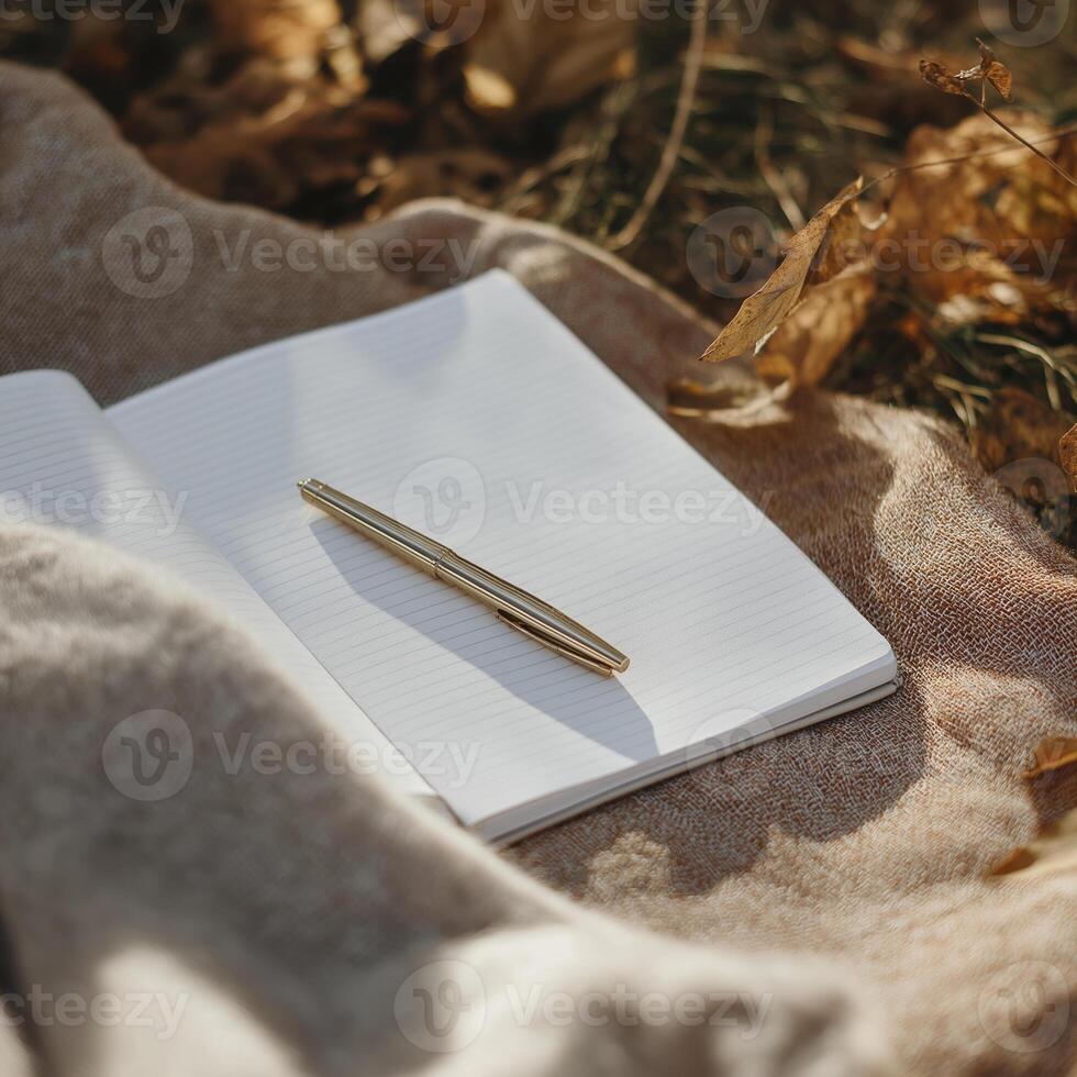 blank notebook with gold pen rests on soft surface surrounded by autumn leaves, inviting creativity and reflection photo