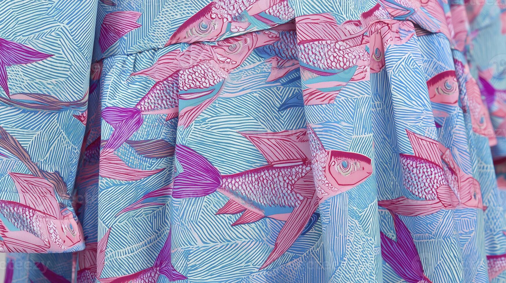 vibrant close up of dress featuring colorful fish pattern on blue background, showcasing intricate details and lively hues photo