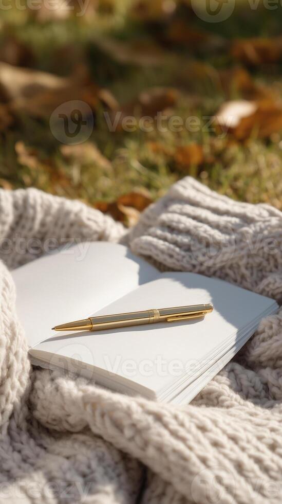 cozy scene featuring blank notebook and gold pen resting on knitted blanket, surrounded by autumn leaves, evokes sense of warmth and creativity photo