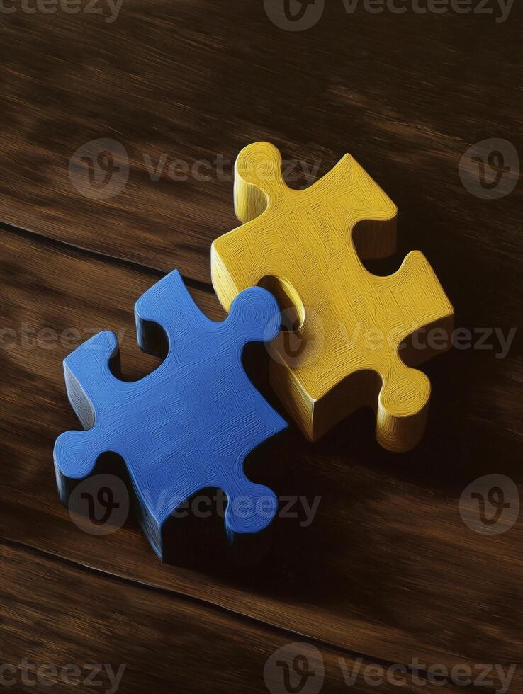 Two puzzle pieces, one blue and other yellow, symbolize connection and teamwork in creative way photo