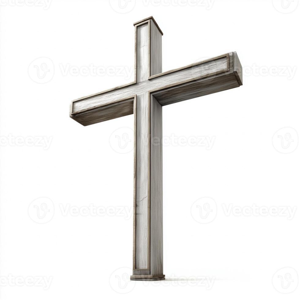 Wooden cross isolated on white background, symbolizing faith and spirituality, with realistic texture and design photo