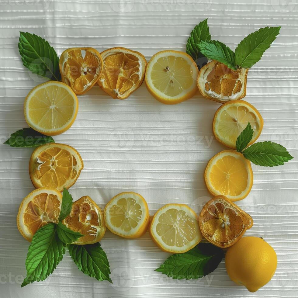 Fresh lemons and mint leaves arranged in decorative frame on white background, creating vibrant and refreshing display photo