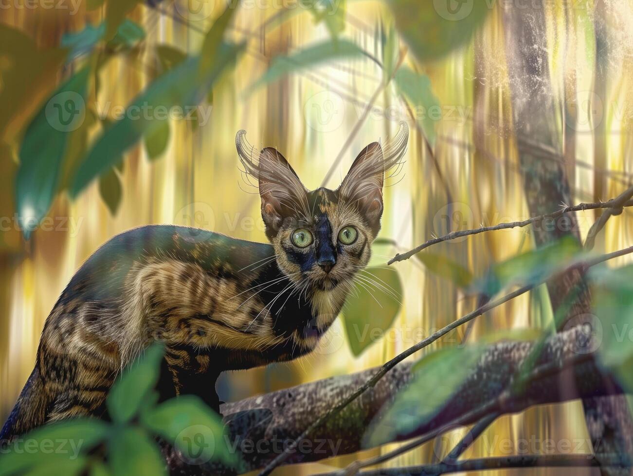 surreal black cat with multiple ears sits on branch, surrounded by lush green leaves and vibrant, dreamy background photo