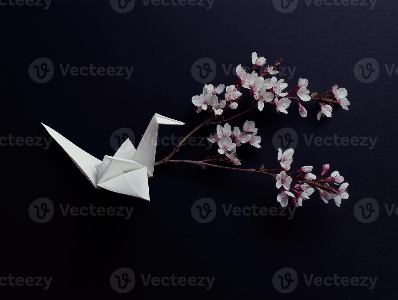 White origami paper bird and flower create thoughtful, peaceful ambiance against dark backdrop, symbolizing hope and new beginnings, utterly serene photo