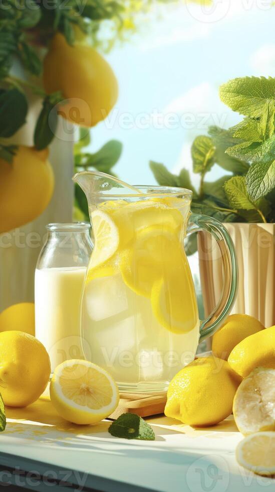 Refreshing lemonade in glass pitcher with lemon slices and mint, surrounded by fresh lemons and greenery, evokes sunny, cheerful atmosphere photo