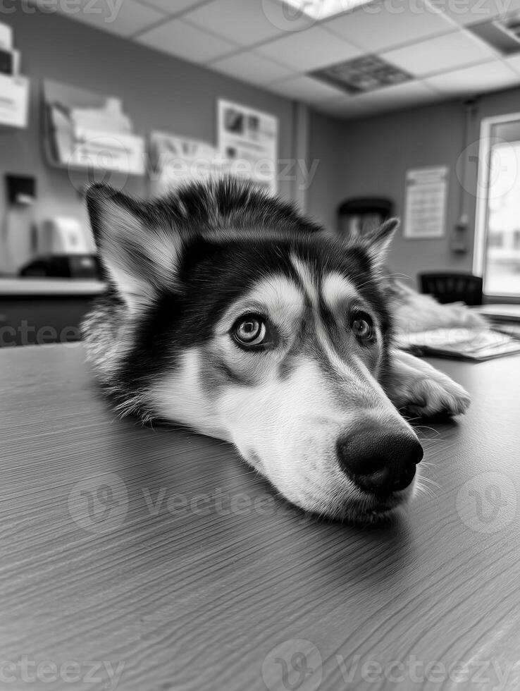 black and white husky dog is lying on desk, looking curiously at camera, creating calm and serene atmosphere photo