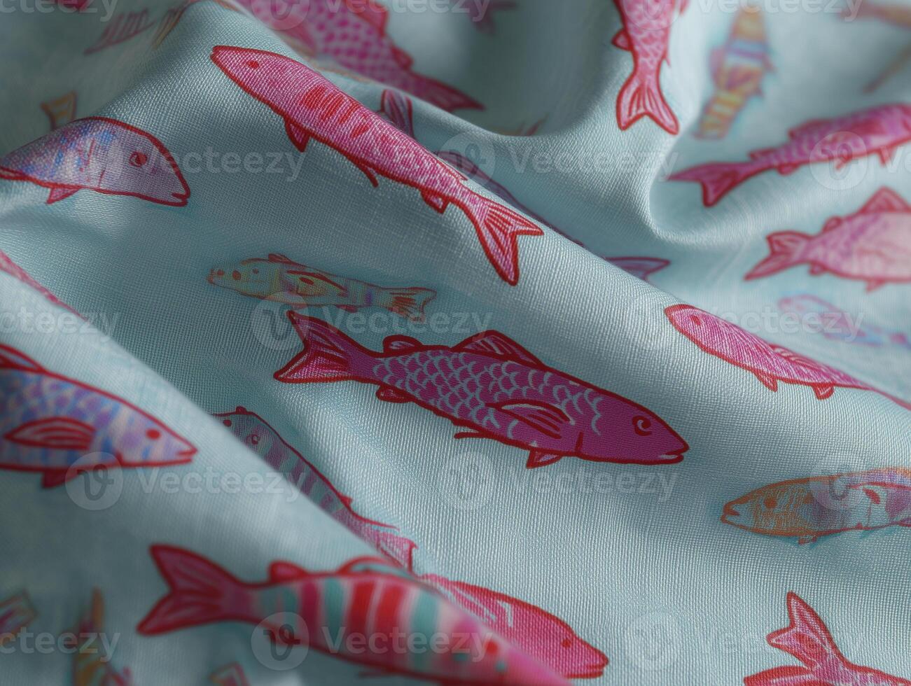 Vibrant fabric featuring colorful fish patterns on light blue background, perfect for creative projects and home decor photo