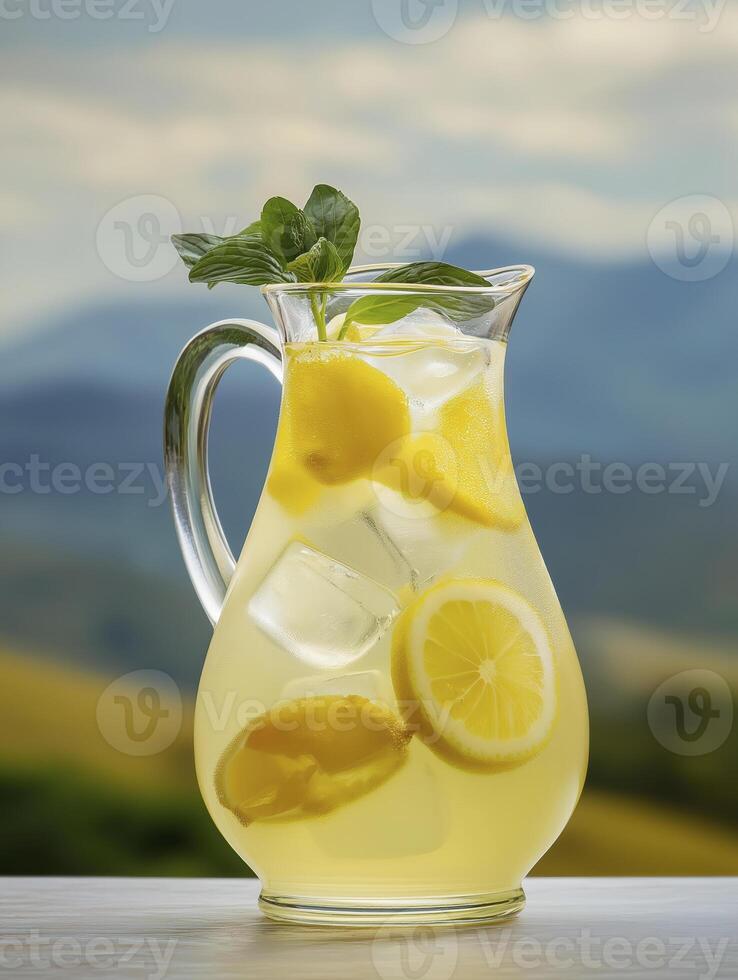 refreshing lemonade in elegant glass pitcher with ice and lemon slices, perfect for sunny day photo