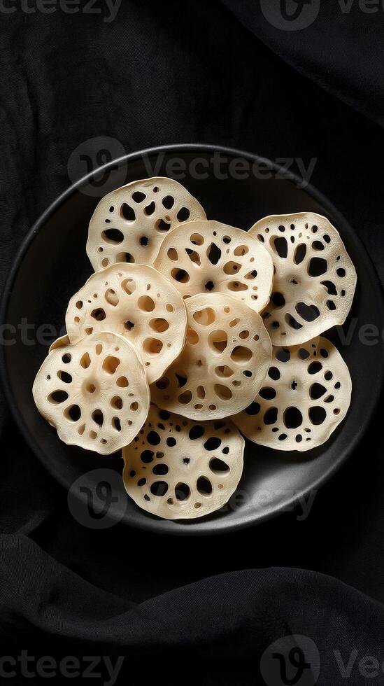 plate of dried lotus root slices arranged beautifully against black background, showcasing their unique texture and shape photo