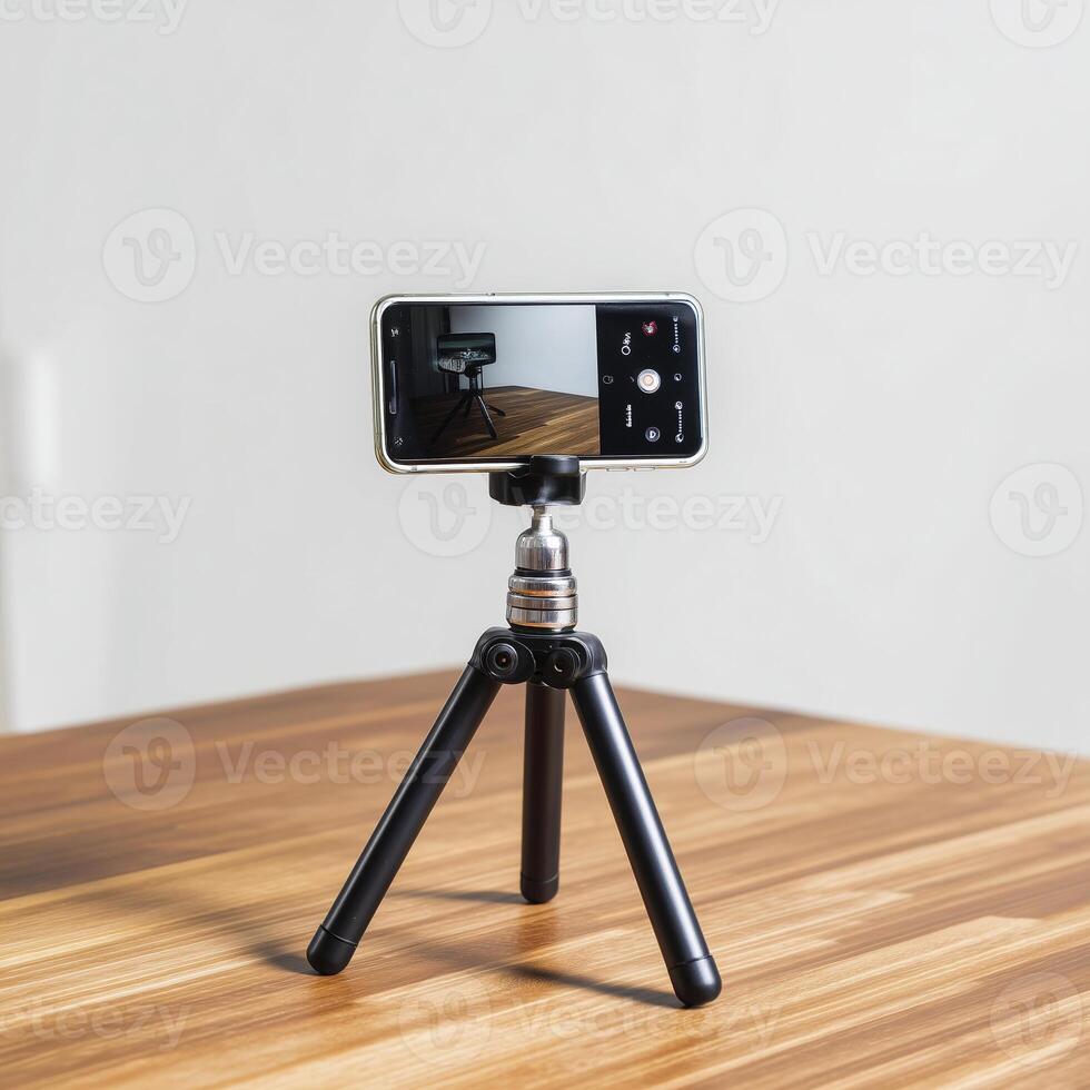 smartphone mounted on tripod, positioned on wooden table, capturing reflection in minimalist setting photo