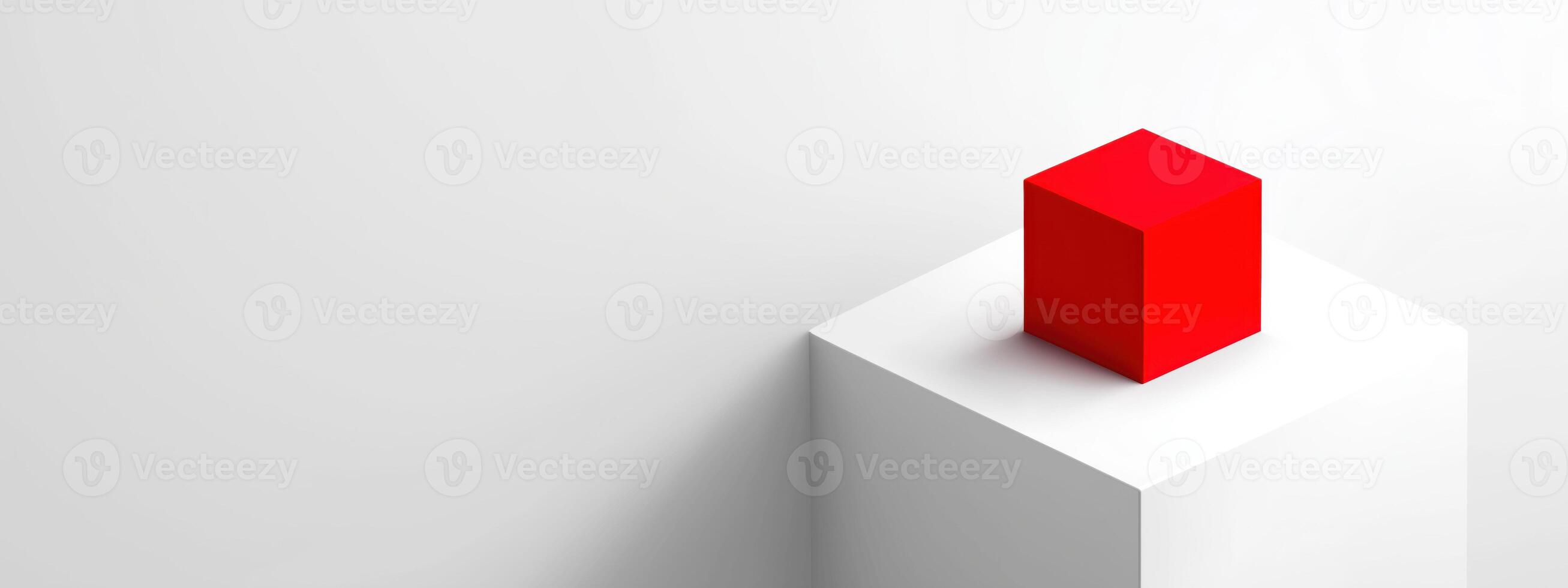 Red box sits confidently on white cube, bathed in soft light, creating minimalist and pristine scene, inviting contemplation and leaving space for interpretation photo