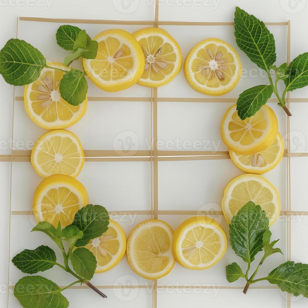 Fresh lemon slices arranged in grid with mint leaves, creating vibrant and refreshing display on light background photo