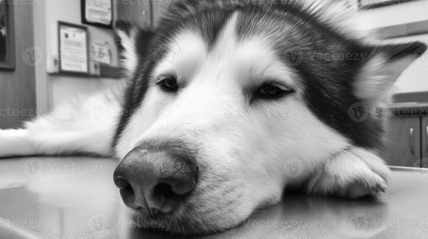 black and white husky is lying on table, looking relaxed and calm. Its expressive eyes and fluffy fur create serene atmosphere photo