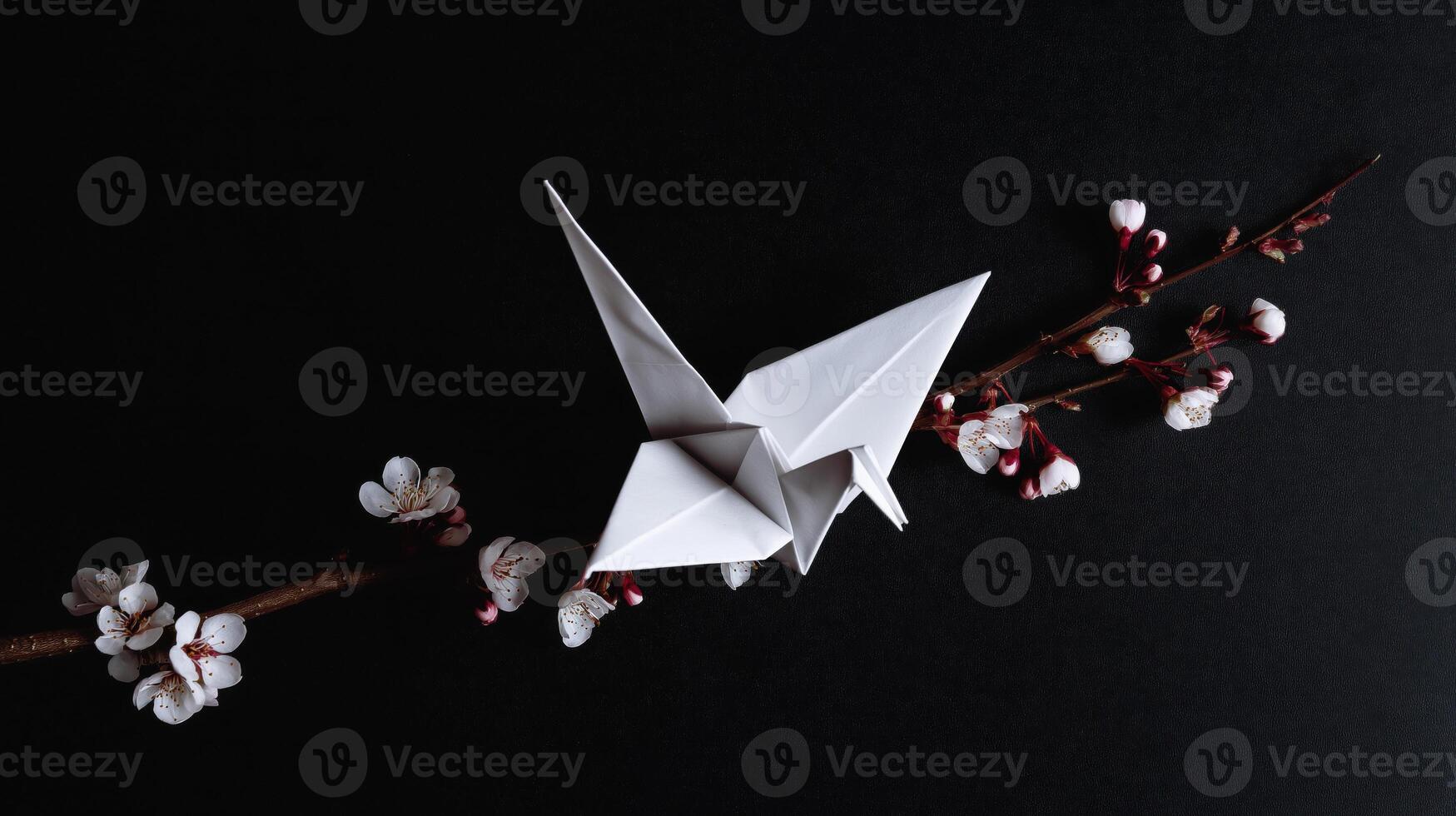 white origami paper bird rests delicately on blossoming branch against stark black backdrop, evoking sense of peace and fragile beauty photo