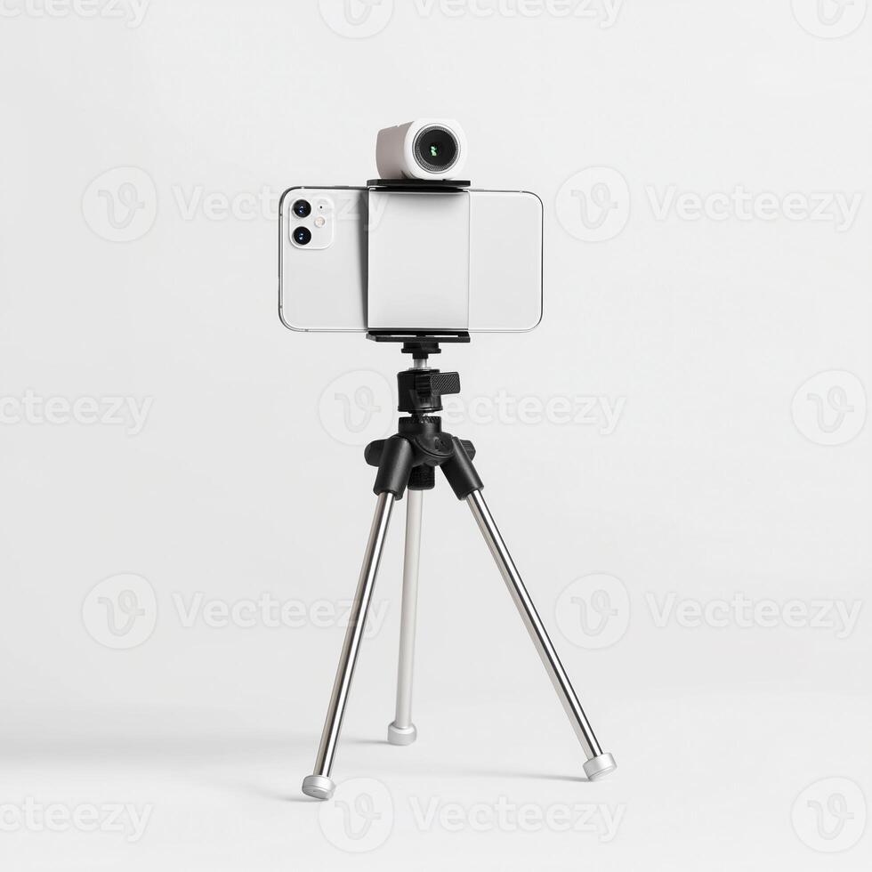 smartphone mounted on tripod with camera attachment, set against clean white background, ideal for photography or recording photo