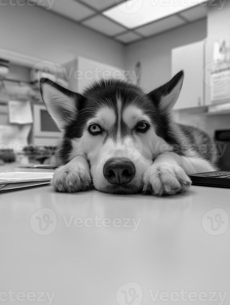 black and white husky dog is lying on desk, looking relaxed and calm in cozy environment. dog striking blue eyes add touch of charm to scene photo
