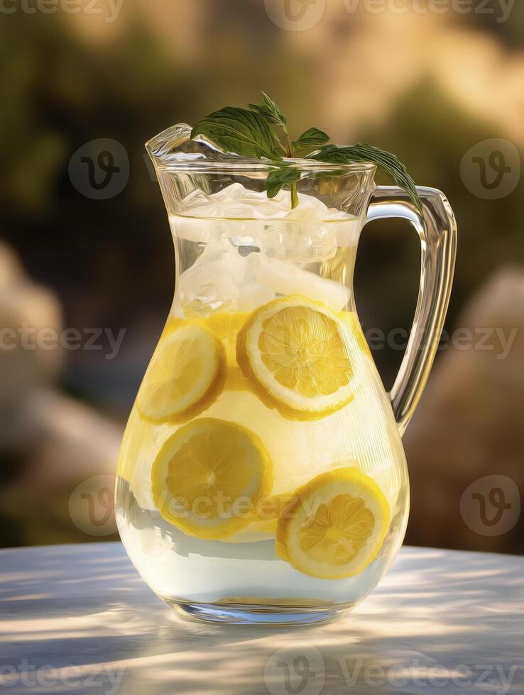 refreshing lemonade in elegant glass pitcher with ice and lemon slices, perfect for warm day photo