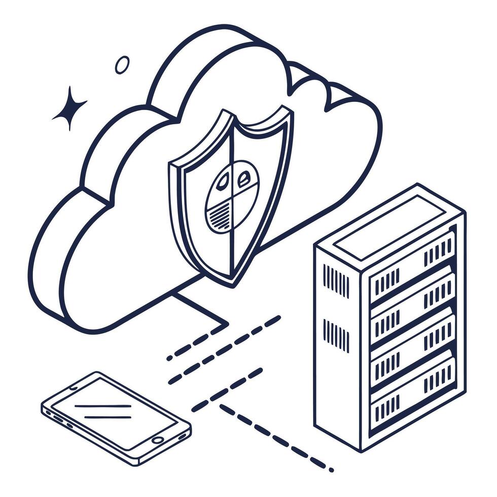 Cloud Computing Data Security Isometric Line Art vector