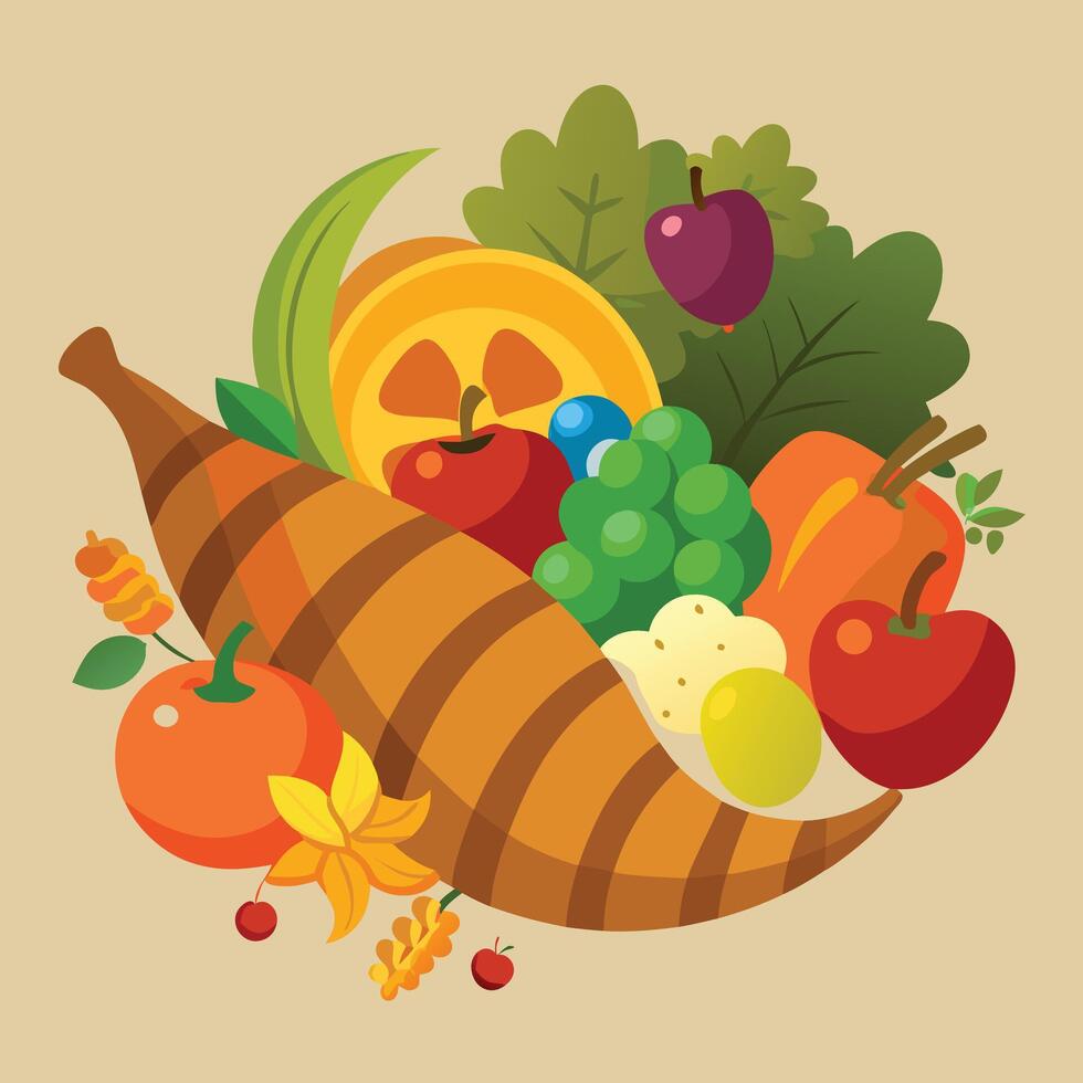 Cornucopia Illustration With Autumnal Fruits And Vegetables vector