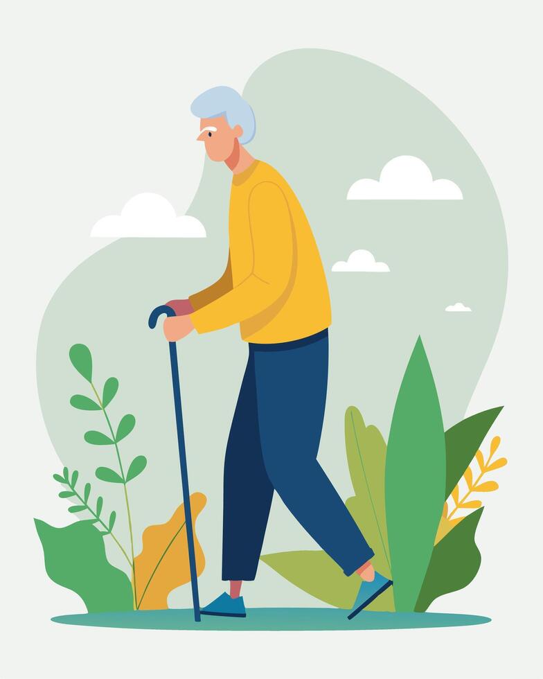 Elderly Man Walking With A Cane Outside vector