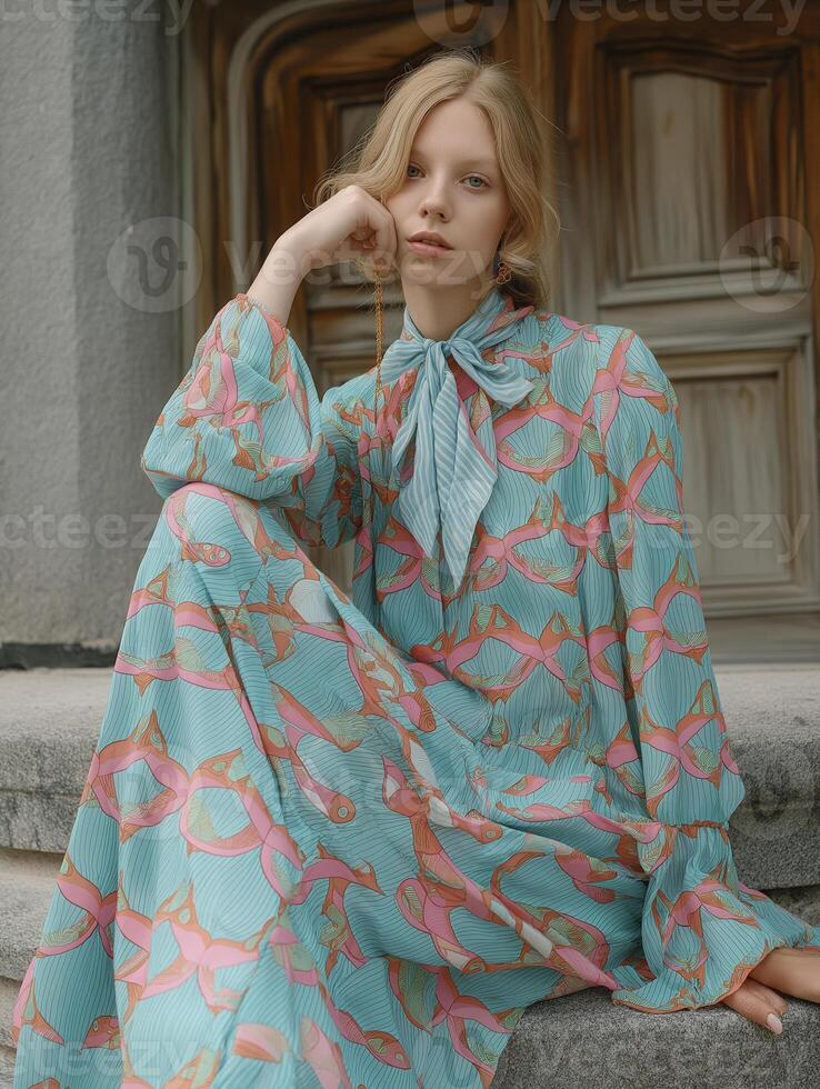 model wearing turquoise dress with fish pattern, showcasing elegance and style. dress features bow tie collar and flowing fabric photo